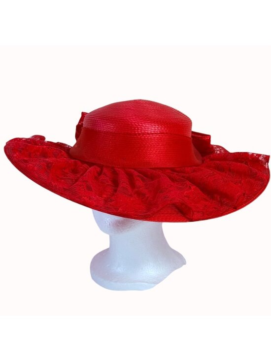 Red Wide Brim Hat Flat Top Church Fashion VTG Layered Lace Bow Derby Fascinator main image 5